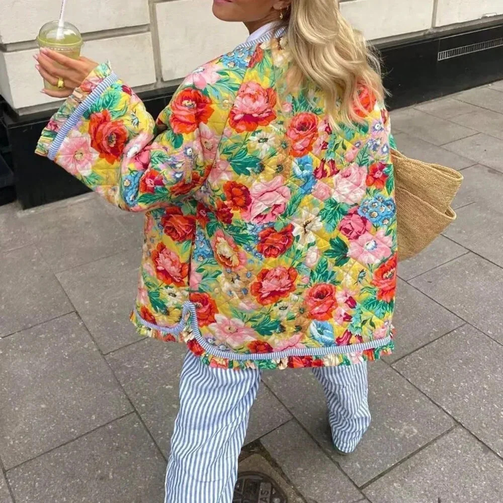 Multicolor Casual Women's Floral Puffer Quilted Jacket Vintage Flower Print Butt - Picture 4 of 4